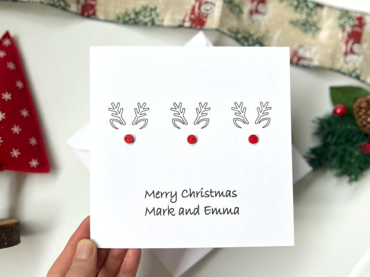 Handmade Reindeer Christmas Card with red button noses