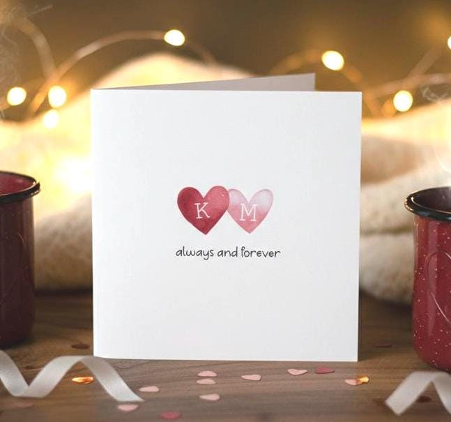 Anniversary Card, Romantic Card - Always And Forever, Cute Heart With Personalised Initials Card, Valentines Day Card