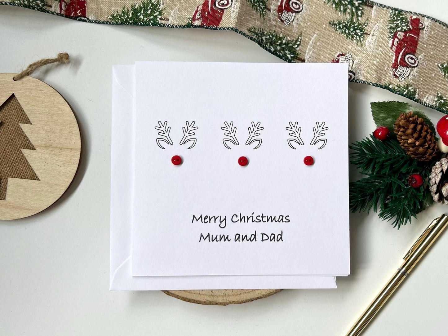 Handmade Reindeer Christmas Card with red button noses