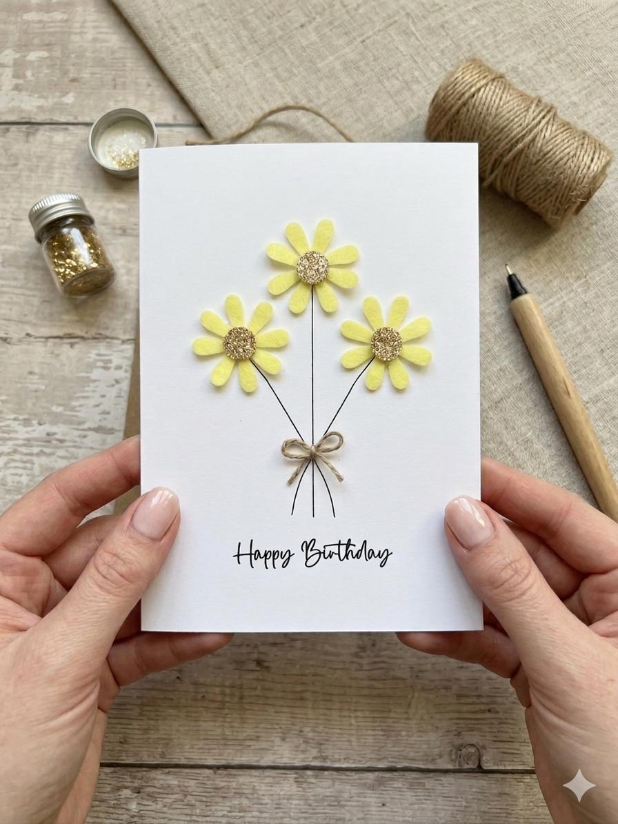 Personalised Daisy Birthday Card, Sparkly Daisy Card, Any Occasion, Handmade Flowers Card for Her, Floral Birthday Card