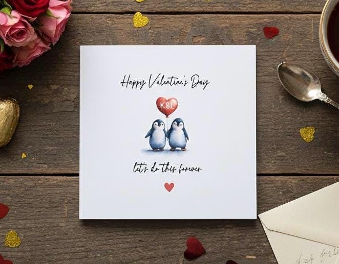 Personalised Penguin Valentine's Day Card, Custom Initial Heart Love Card for Husband, Wife, Partner. Let’s Do This Forever' Card