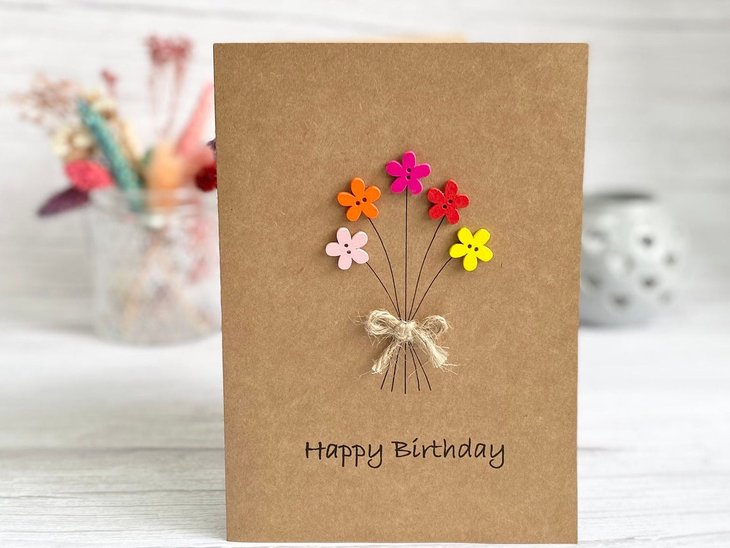 Personalised Happy Birthday Card, Friends Birthday Card, Button Birthday Card, Flowers Birthday Card, Mum Birthday Card
