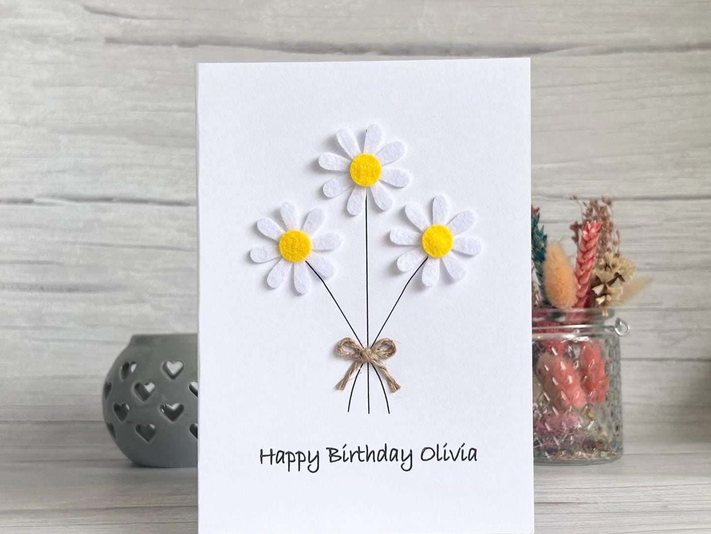 Personalised Felt Daisy Birthday Card for Her, Handmade 3D Floral Greeting Card, Unique Gift for Mum, Sister or Friend