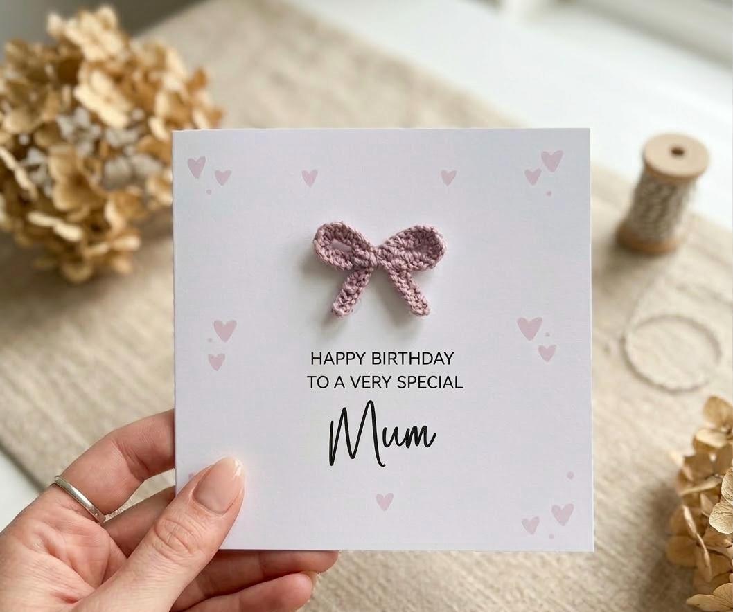 3D Fabric Ribbon Handmade Birthday Card with Pink Heart Background