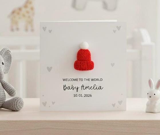 Personalised New Baby Girl Card, Handmade Knitted Bobble Hat Baby Card for New Parents, Custom 'Welcome to the World' Newborn Card