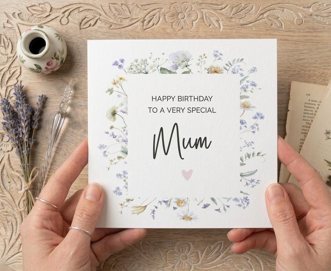 Wildflower Bouquet Mum Birthday Card, Floral Border Card For Mum, Mam, Mummy