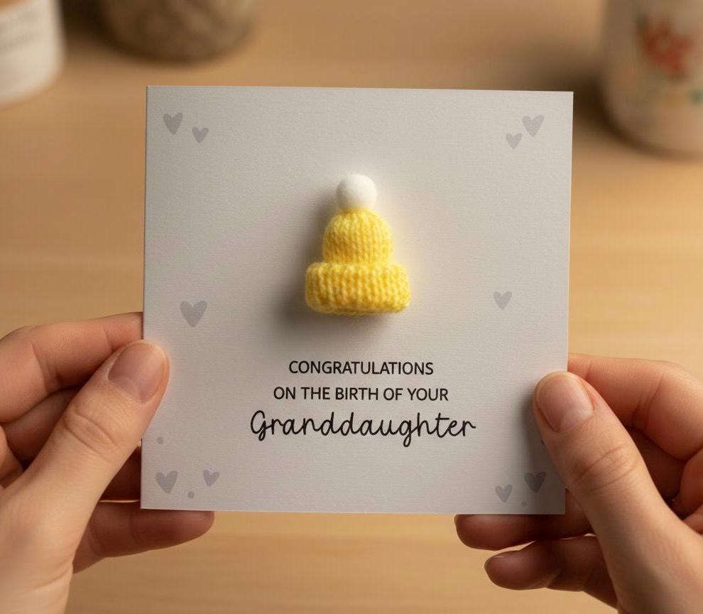 Congratulations On The Birth On Your Granddaughter - Handsome 3D Bobble Hat Personalised Baby Card for Grandparents