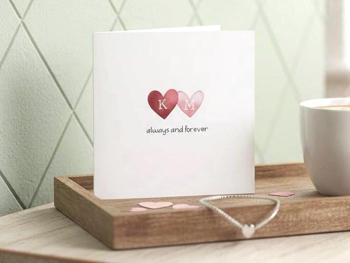 Anniversary Card, Romantic Card - Always And Forever, Cute Heart With Personalised Initials Card, Valentines Day Card