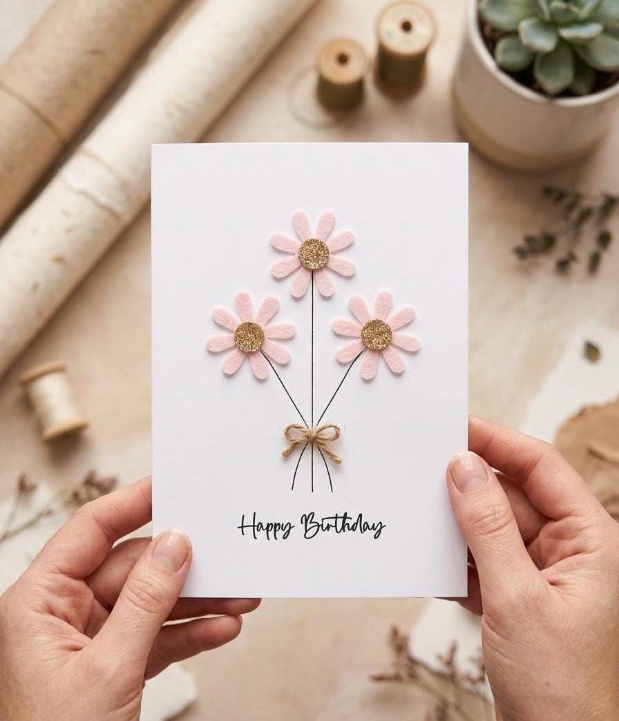 Personalised Daisy Birthday Card, Sparkly Daisy Card, Any Occasion, Handmade Flowers Card for Her, Flowers Birthday Card