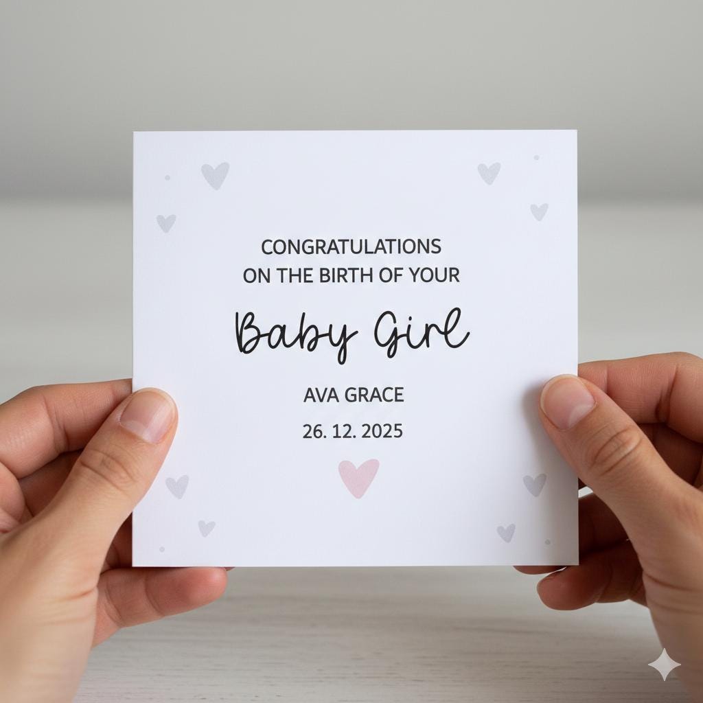 Personalised New Baby Girl Card with Name and Date, Custom 'Congratulations' Birth of Your Girl Card, Handmade Minimalist Heart Keepsake.