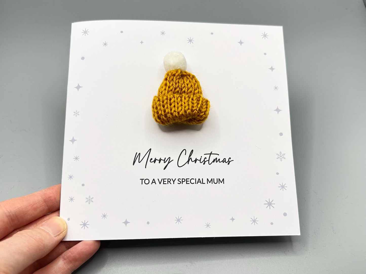 Merry Christmas To A Special Mum, Handmade Christmas Card With 3D Knitted Bobble Hat