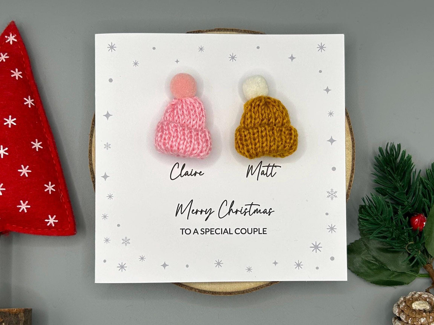 Merry Christmas to a Special Couple - Personalised Christmas Card With 3D Knitted Bobble Hats