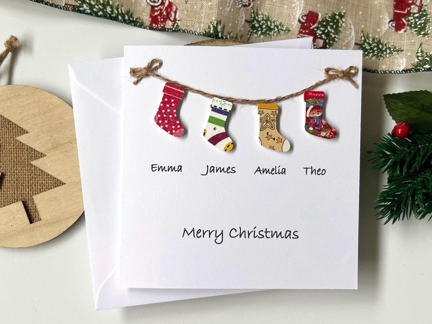 Personalised Family Christmas Card: to a special family, names and Stockings