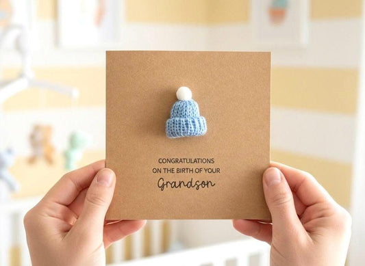 Welcome to the World, It's a Boy, Personalised New Baby Card, Handmade Knitted Bobble Hat, Personalised Baby Card
