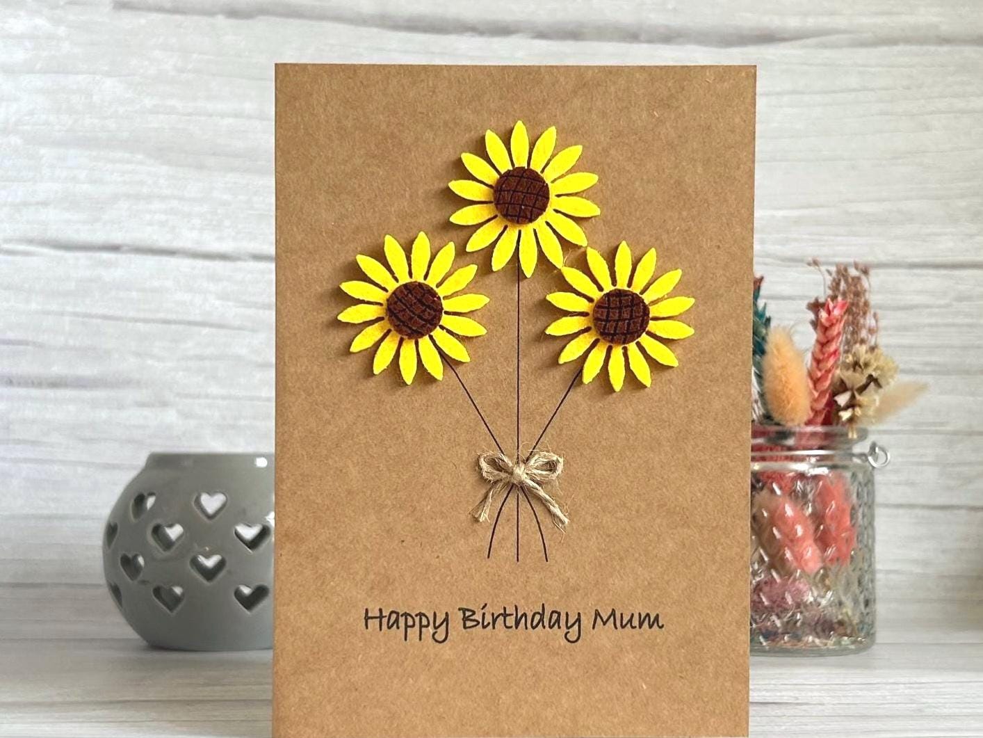 Handmade Sunflower Birthday Card for Her, Floral Card with Felt Sunflowers