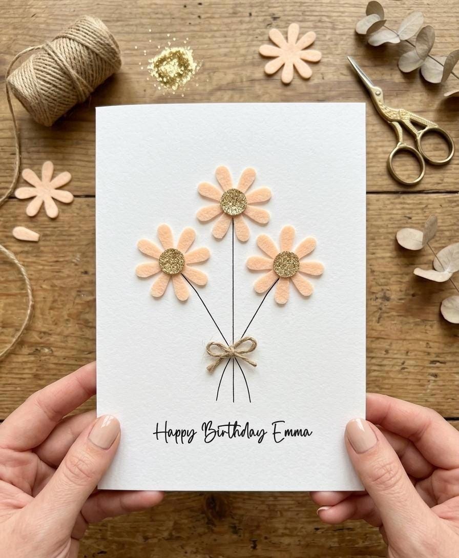 Personalised Daisy Birthday Card, Sparkly Daisy Card, Any Occasion, Handmade Flowers Card for Her, Floral Birthday Card
