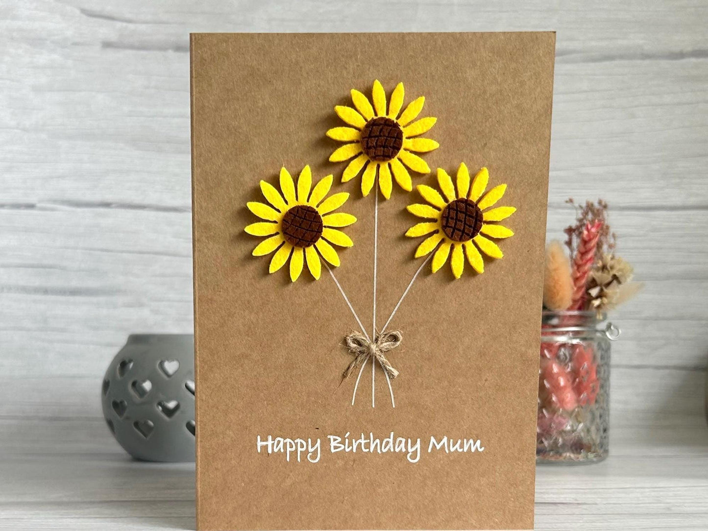Personalised Felt Sunflower Birthday Card, Handmade 3D Flower Card for Mum or Friend, Rustic Floral Birthday Keepsake,