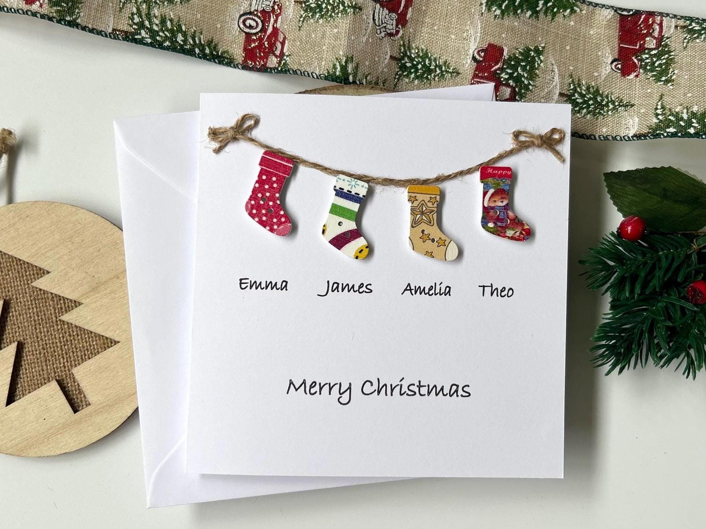 Personalised Family Christmas Card: to a special family, names and Stockings