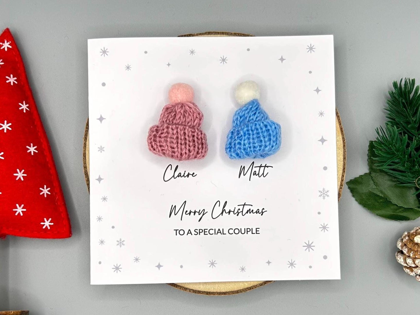 Merry Christmas to a Special Couple - Personalised Christmas Card With 3D Knitted Bobble Hats