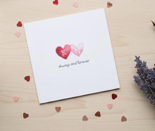 Anniversary Card, Romantic Card - Always And Forever, Cute Heart With Personalised Initials Card, Valentines Day Card