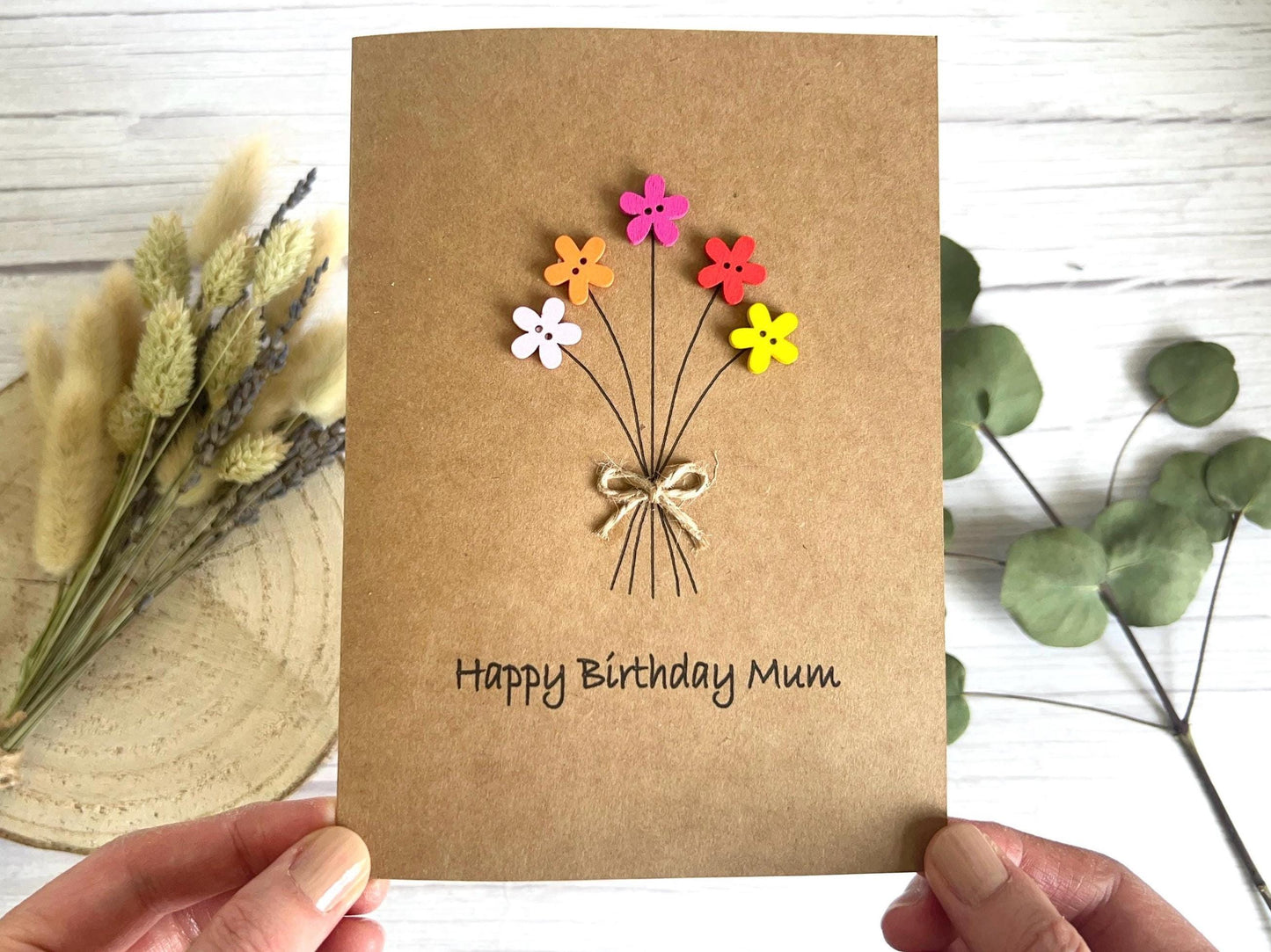 Personalised Happy Birthday Card, Friends Birthday Card, Button Birthday Card, Flowers Birthday Card, Mum Birthday Card