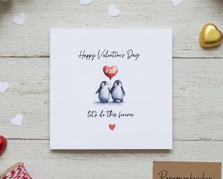 Personalised Penguin Valentine's Day Card, Custom Initial Heart Love Card for Husband, Wife, Partner. Let’s Do This Forever' Card