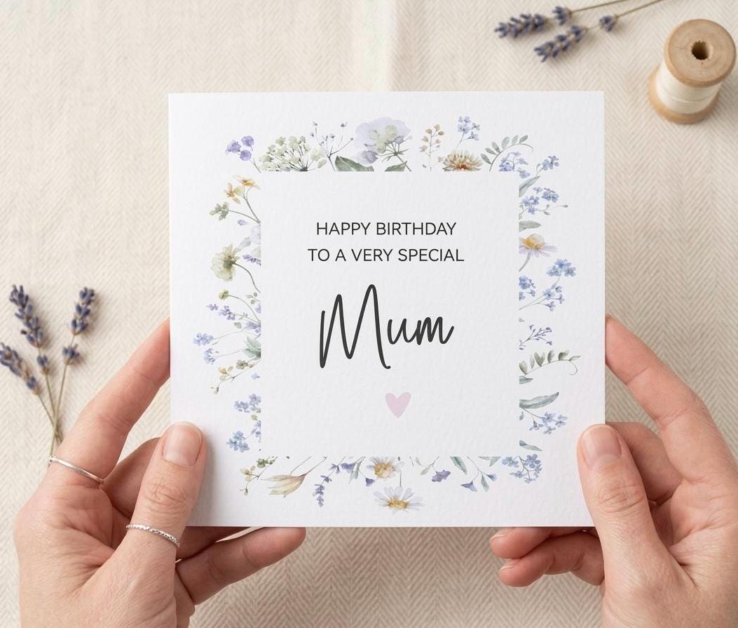 Wildflower Bouquet Mum Birthday Card, Floral Border Card For Mum, Mam, Mummy