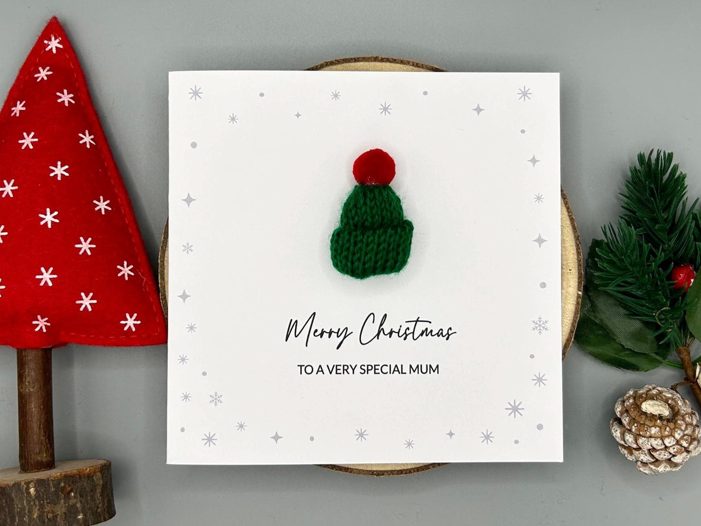 Merry Christmas To A Special Mum, Handmade Christmas Card With 3D Knitted Bobble Hat