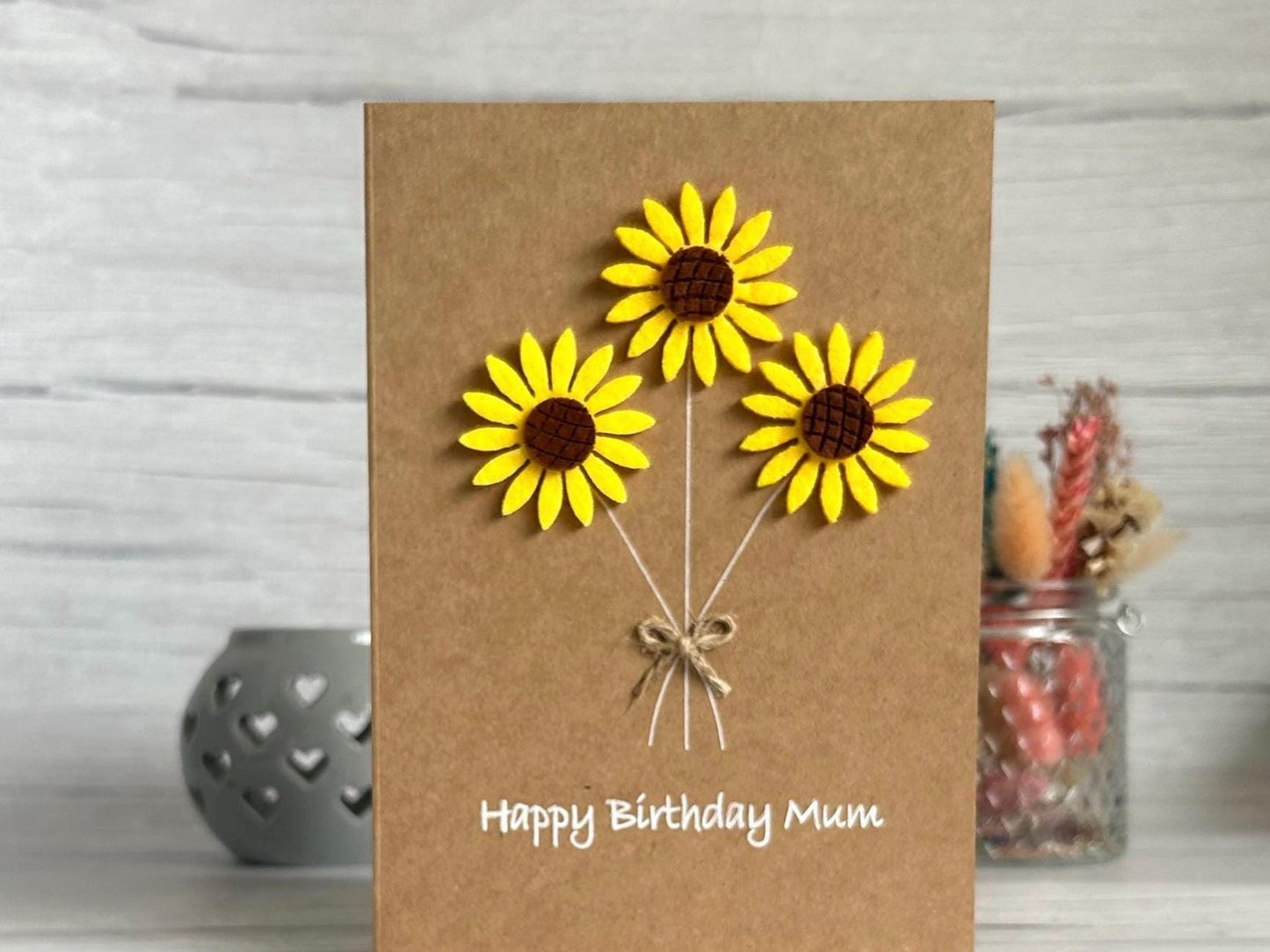 Personalised Felt Sunflower Birthday Card, Handmade 3D Flower Card for Mum or Friend, Rustic Floral Birthday Keepsake,