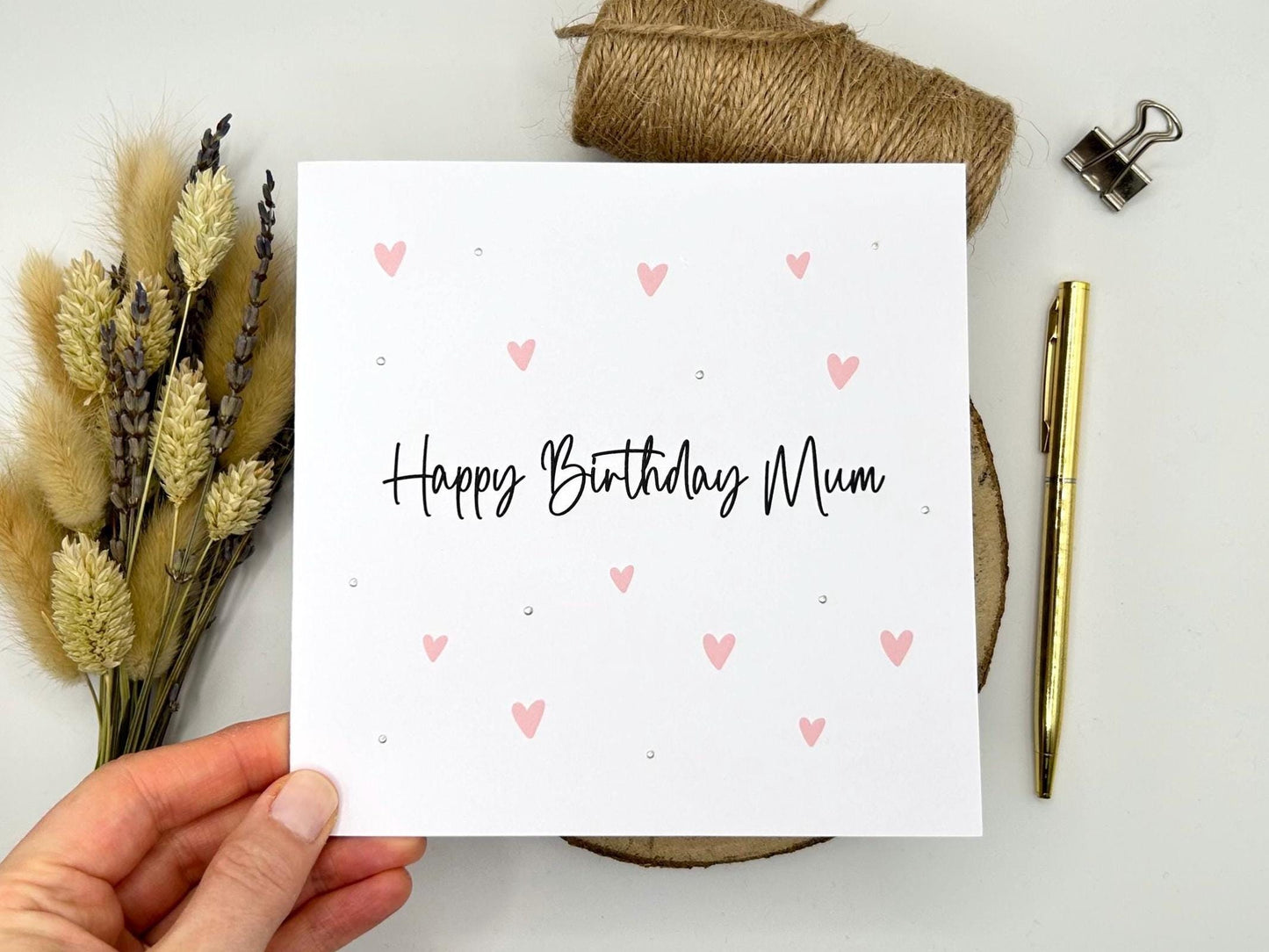 Handmade Mum Birthday Card, Hearts and Silver Embellishments