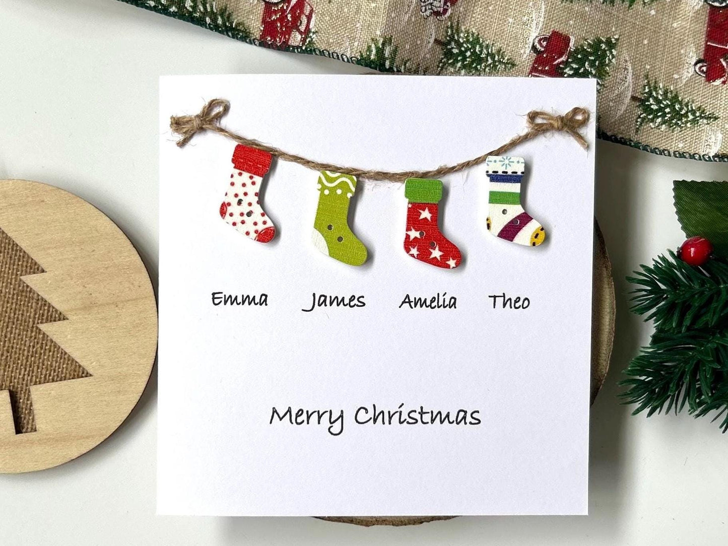 Personalised Family Christmas Card: to a special family, names and Stockings
