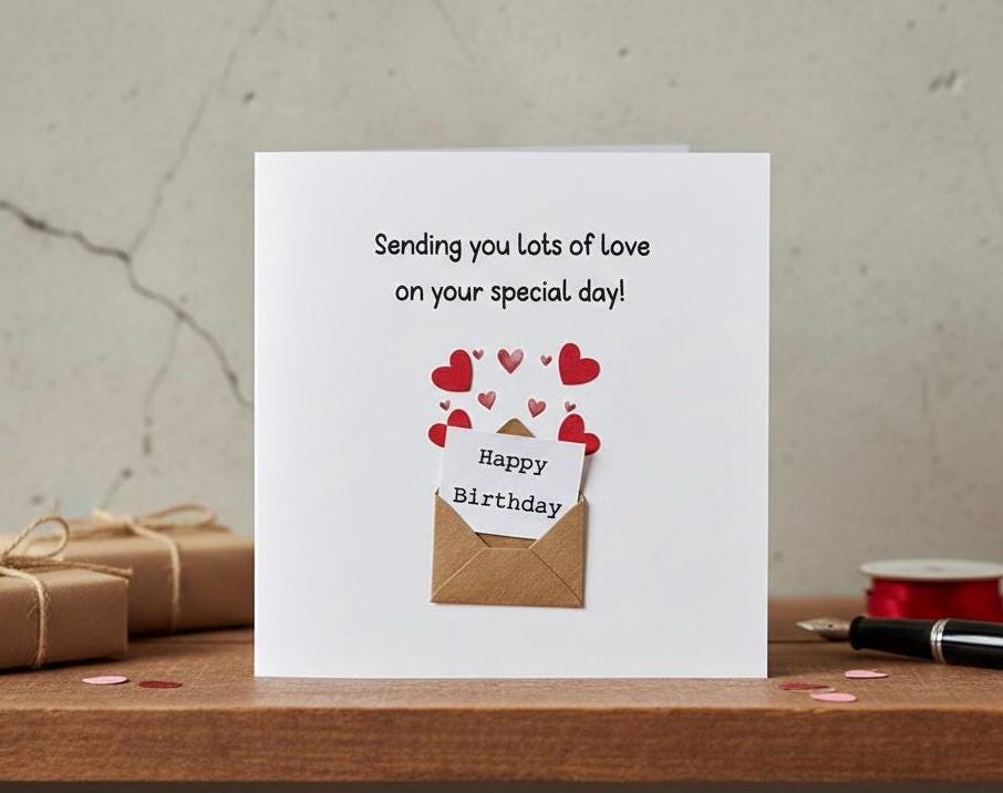 Handmade Birthday Card - Mini Envelope with Hearts, Personalised Birthday Keepsake for Her