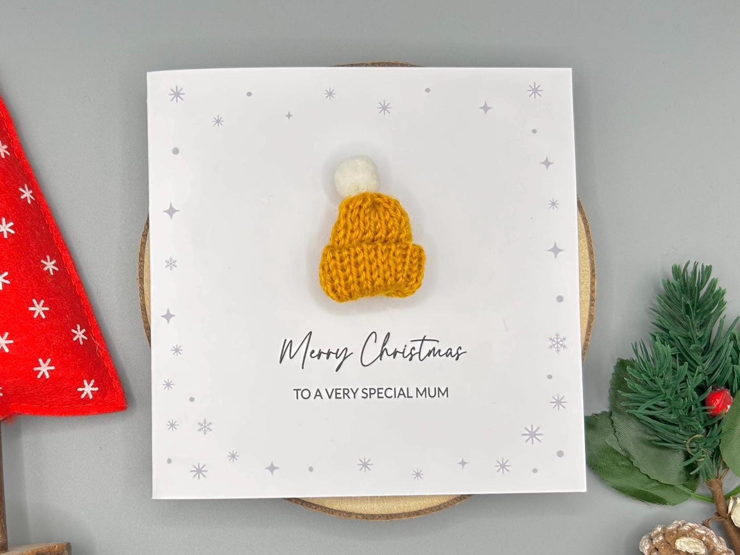 Merry Christmas To A Special Mum, Handmade Christmas Card With 3D Knitted Bobble Hat
