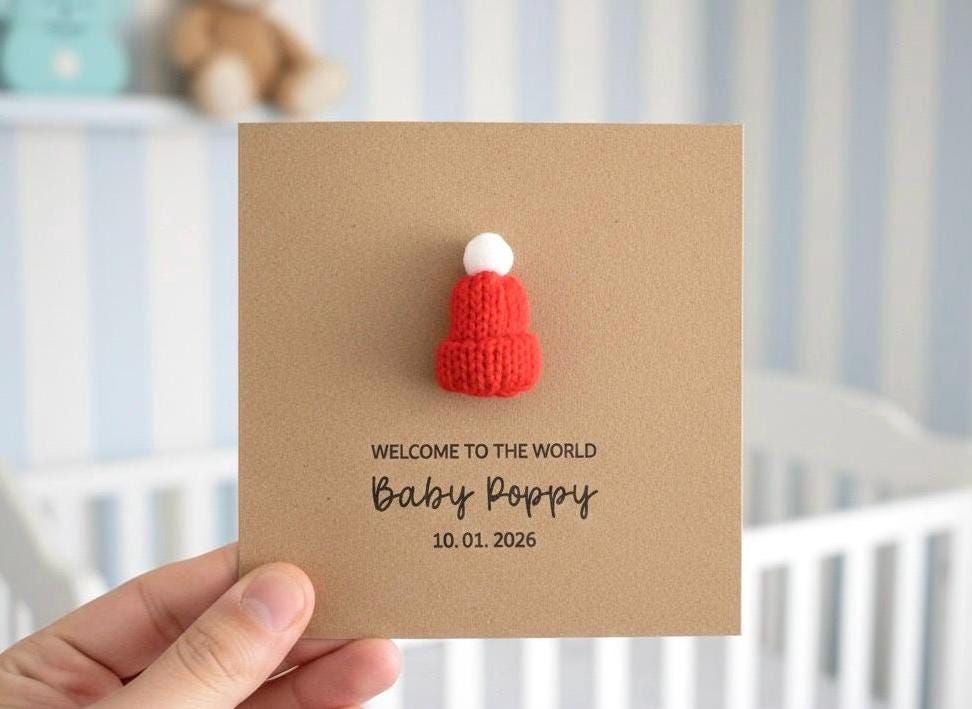 Personalised Knitted New Baby Card, Handmade Knitted Bobble Hat, New Baby Girl Card, Baby Granddaughter