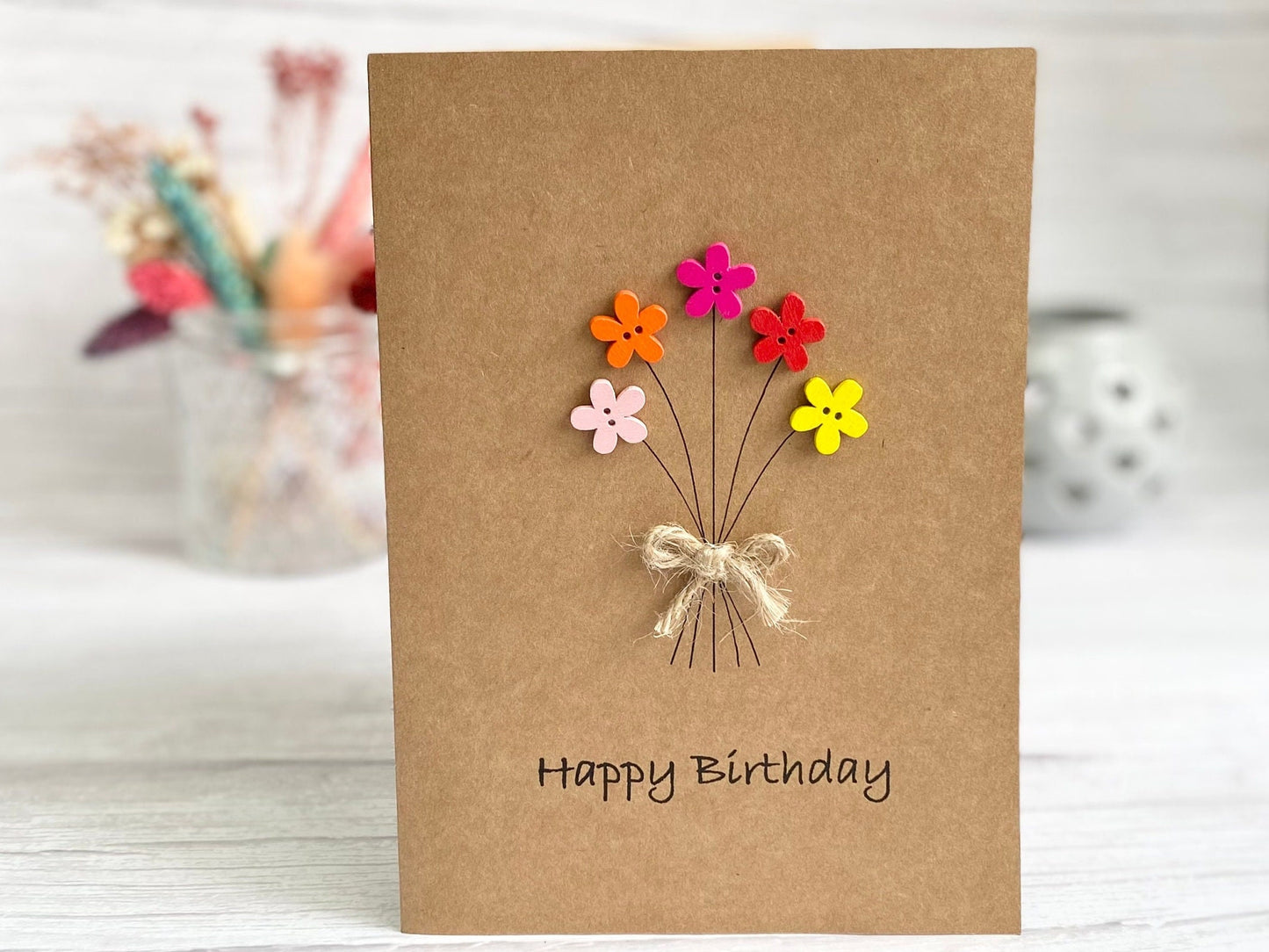 Personalised Happy Birthday Card, Friends Birthday Card, Button Birthday Card, Flowers Birthday Card, Mum Birthday Card