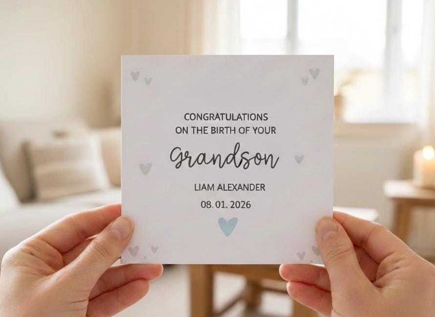 Personalised New Grandson Card with Name and Date, Congratulations On The Birth Of Your Grandson Card