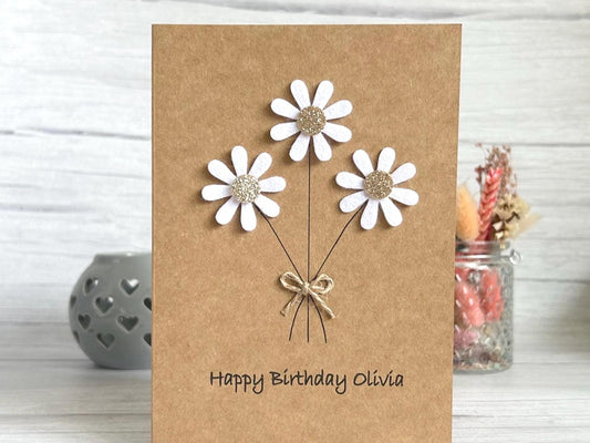Personalised Daisy Birthday Card, Sparkly Daisy Card, Any Occasion, Handmade Card for Her, Flowers, Floral Birthday Card