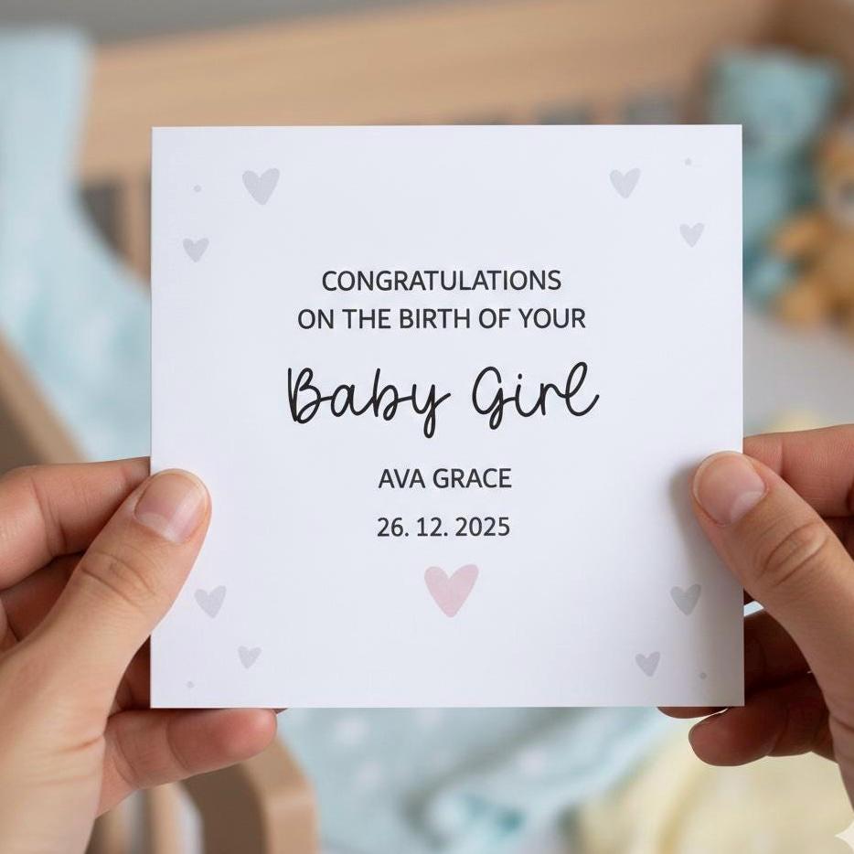 Personalised New Baby Girl Card with Name and Date, Custom 'Congratulations' Birth of Your Girl Card, Handmade Minimalist Heart Keepsake.