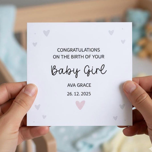 Personalised New Baby Girl Card with Name and Date, Custom 'Congratulations' Birth of Your Girl Card, Handmade Minimalist Heart Keepsake.