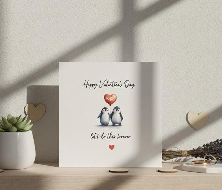 Personalised Penguin Valentine's Day Card, Custom Initial Heart Love Card for Husband, Wife, Partner. Let’s Do This Forever' Card