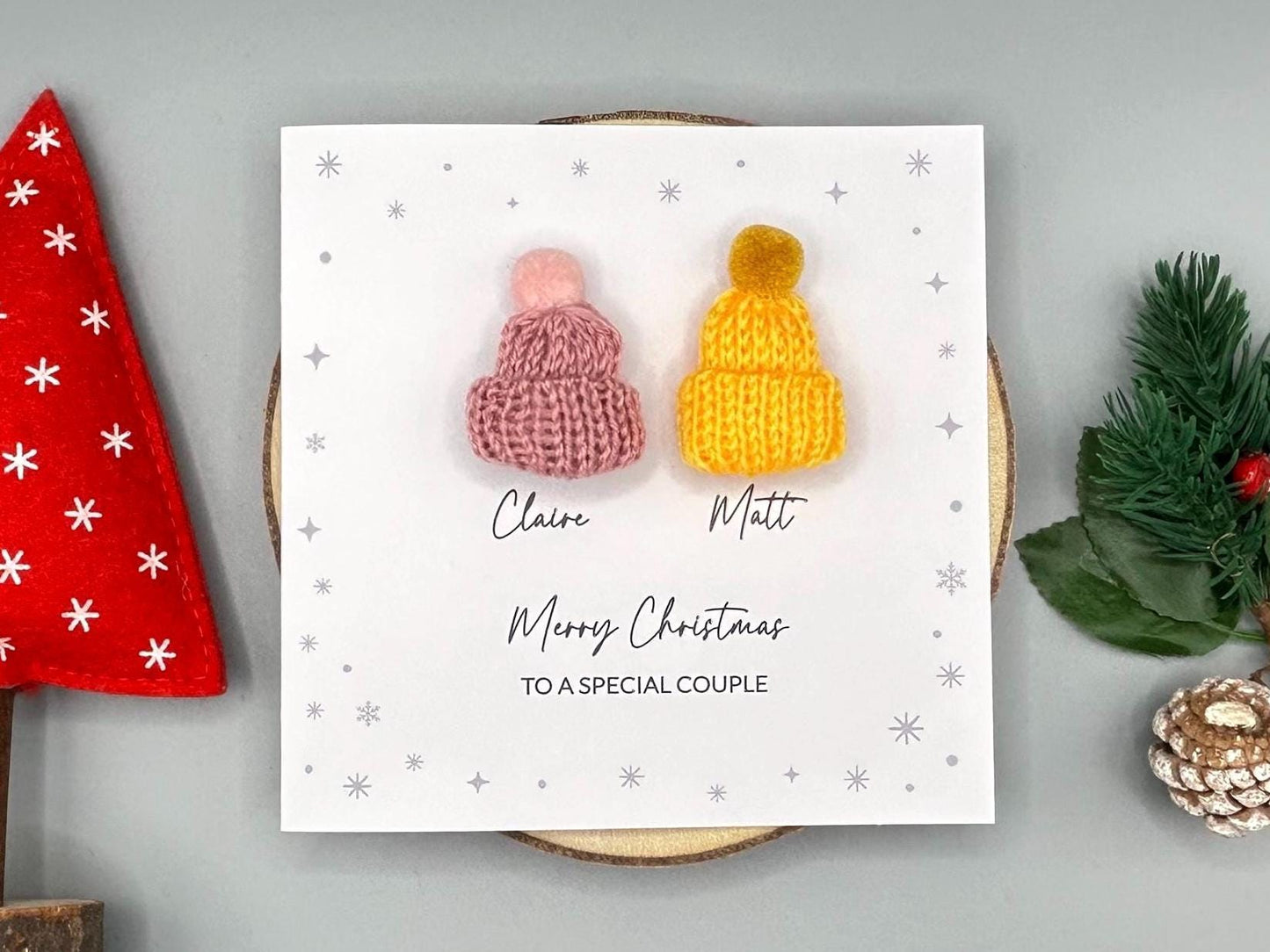 Merry Christmas to a Special Couple - Personalised Christmas Card With 3D Knitted Bobble Hats