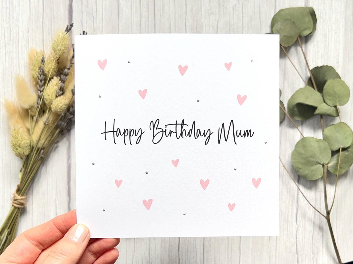 Handmade Mum Birthday Card, Hearts and Silver Embellishments