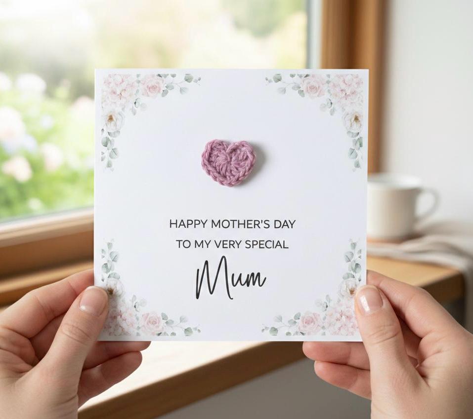 3D Crochet Heart Mother's Day Card - Happy Mothers Day Mum