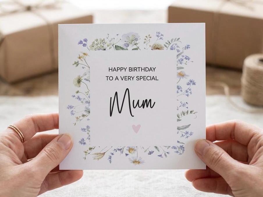 Wildflower Bouquet Mum Birthday Card, Floral Border Card For Mum, Mam, Mummy