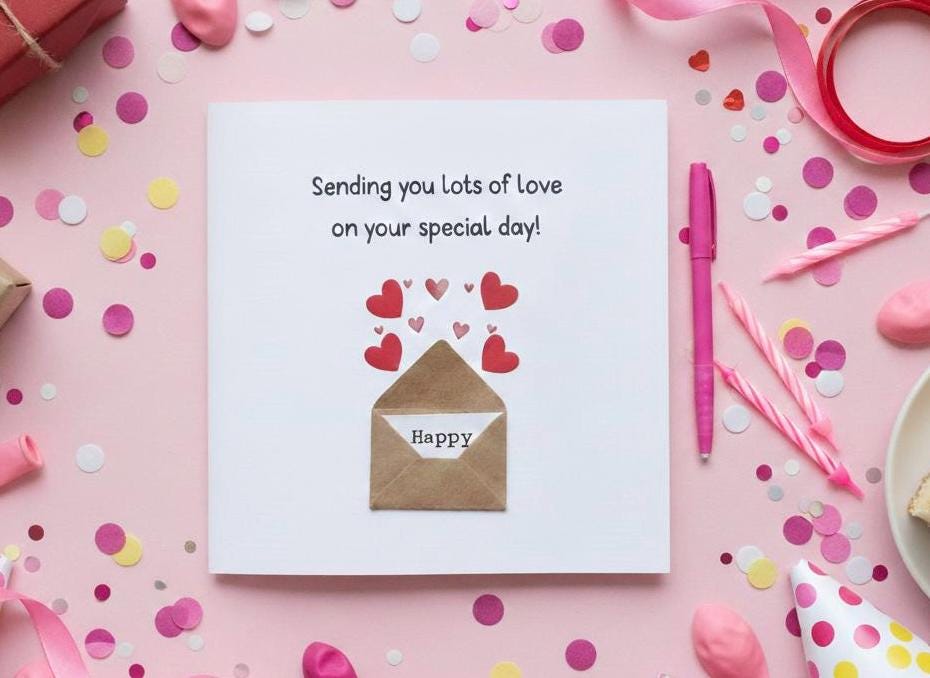 Handmade Birthday Card - Mini Envelope with Hearts, Personalised Birthday Keepsake for Her