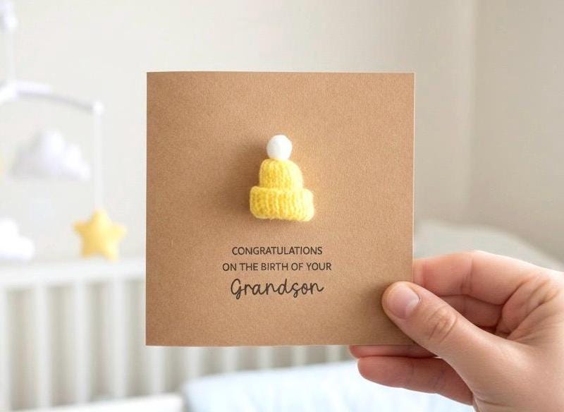 Welcome to the World, It's a Boy, Personalised New Baby Card, Handmade Knitted Bobble Hat, Personalised Baby Card