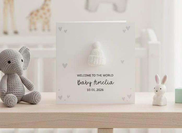 Personalised New Baby Girl Card, Handmade Knitted Bobble Hat Baby Card for New Parents, Custom 'Welcome to the World' Newborn Card