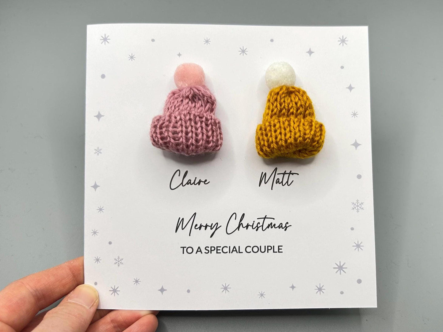 Merry Christmas to a Special Couple - Personalised Christmas Card With 3D Knitted Bobble Hats