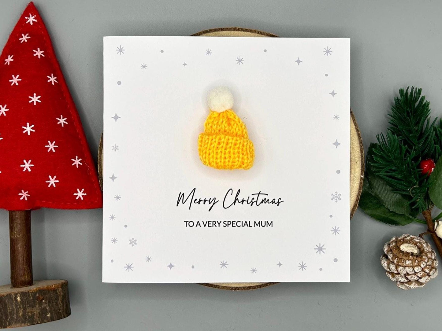 Merry Christmas To A Special Mum, Handmade Christmas Card With 3D Knitted Bobble Hat