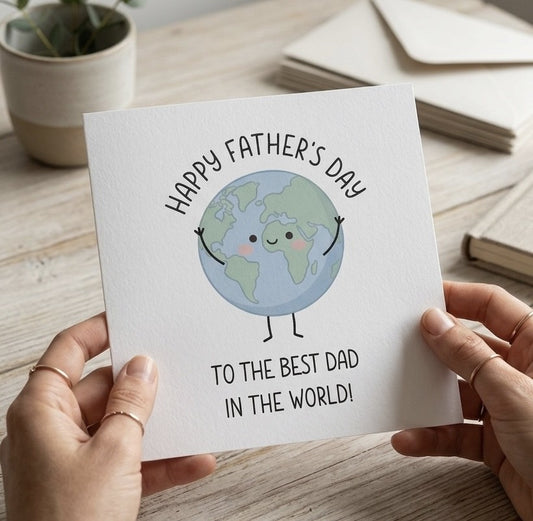 Best Dad In The World Card, Cute Fathers Day Card for Dad, Unique Illustrated Earth Card For Daddy, Grandad